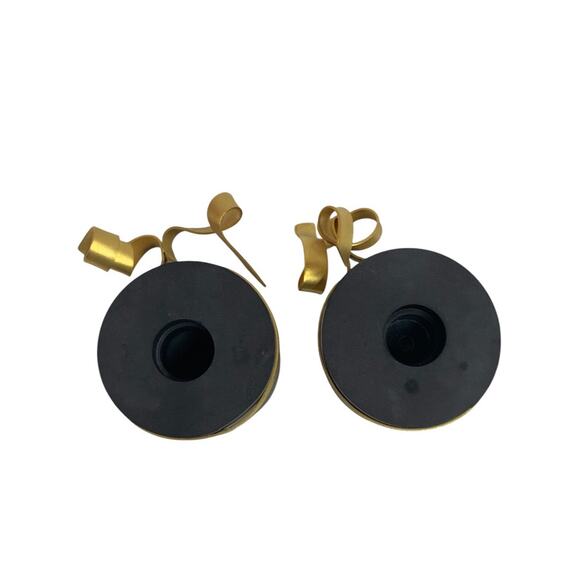 Black Soapstone Taper Candleholders Goldtone Metal Ribbon - Picture 5 of 6